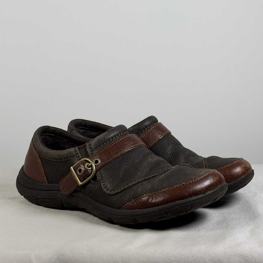 Merrell Dassie Buckle Brown Leather Slip On Clogs M-Select Grip J69076 Size 6